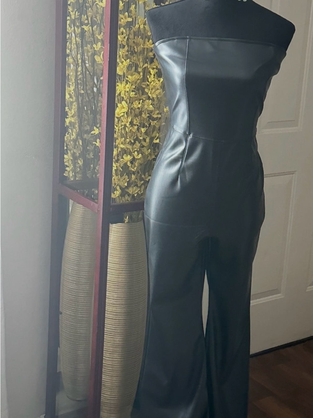 Strapless Faux Leather Jumpsuit in Black